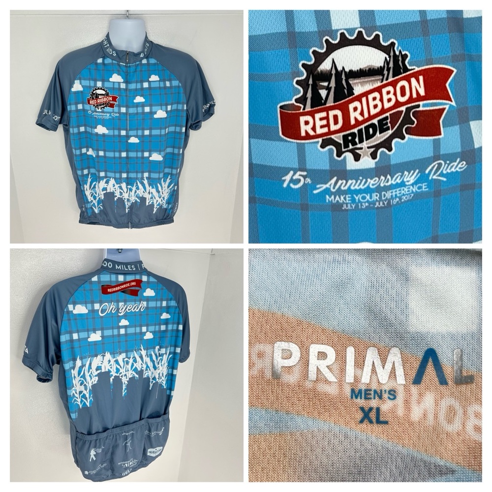 Primal Mens Full Zip Cycling Jersey Size XL Red Ribbon‎ 15th Anniversary Ride